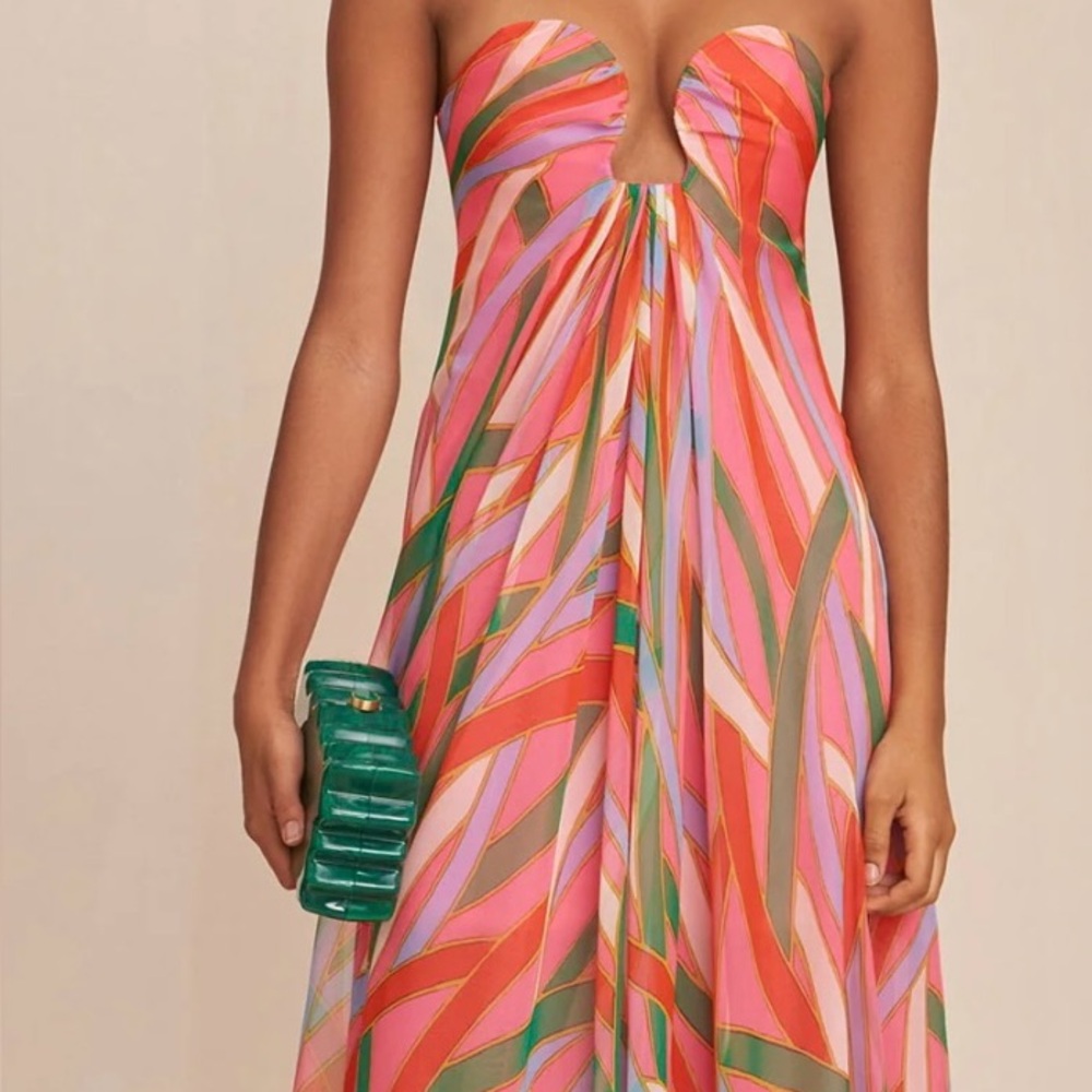 cult gaia Strapless Maxi Dress in Pink, Coral & Green Abstract Print